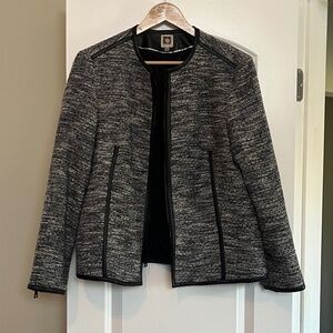 Anne Klein Women’s Jacket - Blue/Black Space Dye with Faux Leather Trim- Size 14